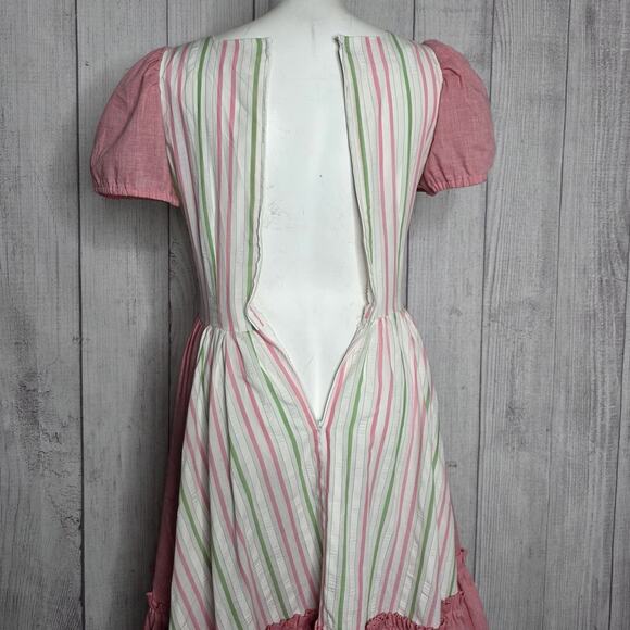 VTG Handmade Square Dance Dress, Pink & Green Stripes, Puff Sleeves, Ruffles , L - Picture 5 of 5